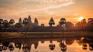Spektakuläre Sonnenaufgangs-Aufnahme von Angkor Wat in Kambodscha mit goldenem Himmel, Palmensilhoue