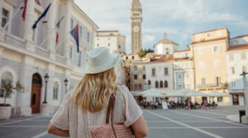 Eine junge blonde Frau mit Strohhut und Sommerkleid steht von hinten auf einem malerischen mediterra