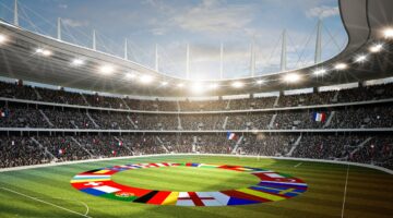 Digitale Illustration eines vollbesetzten Fußballstadions mit einem Kreis aus europäischen Nationalf